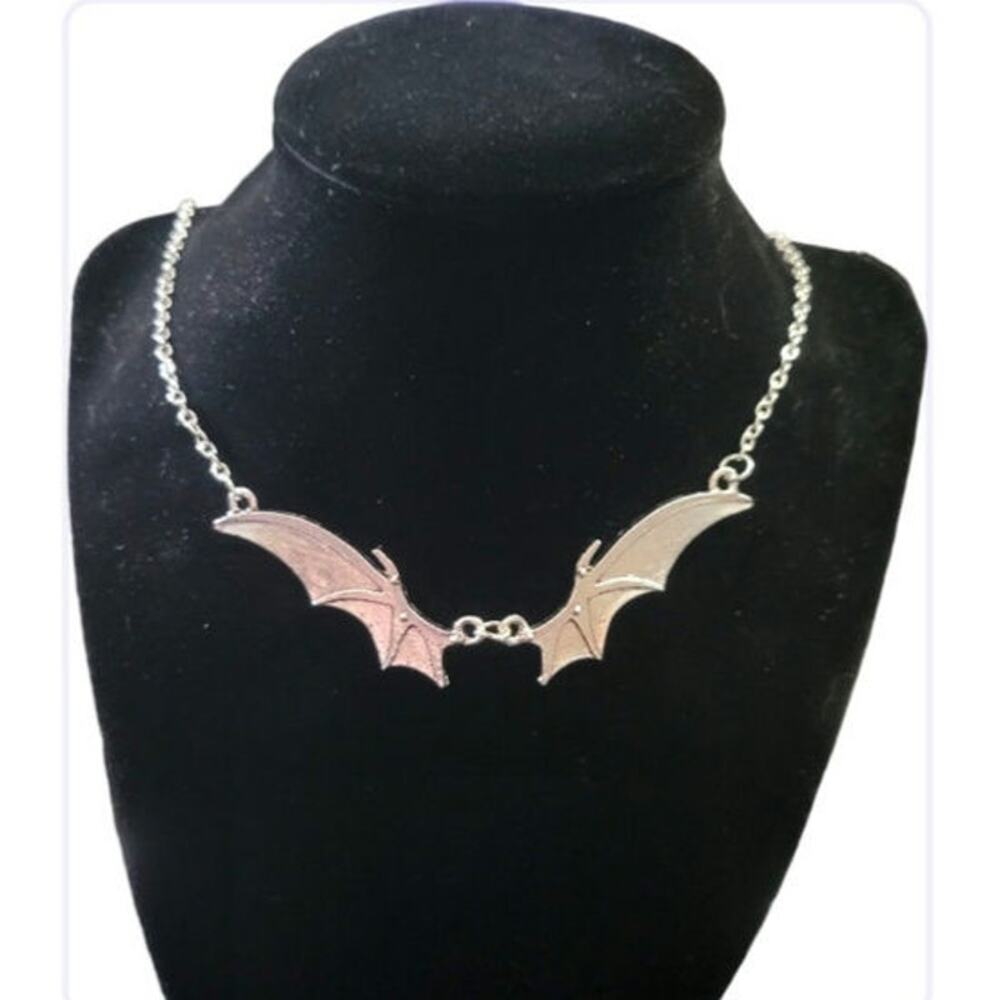 Silver tone bat wing choker necklace